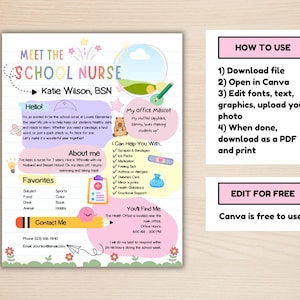 May include: A colorful Meet the School Nurse template featuring a lined paper background, pastel text boxes, and illustrations of a pencil, bandage, and clipboard. The document includes sections for contact info, favorites, and office details.
