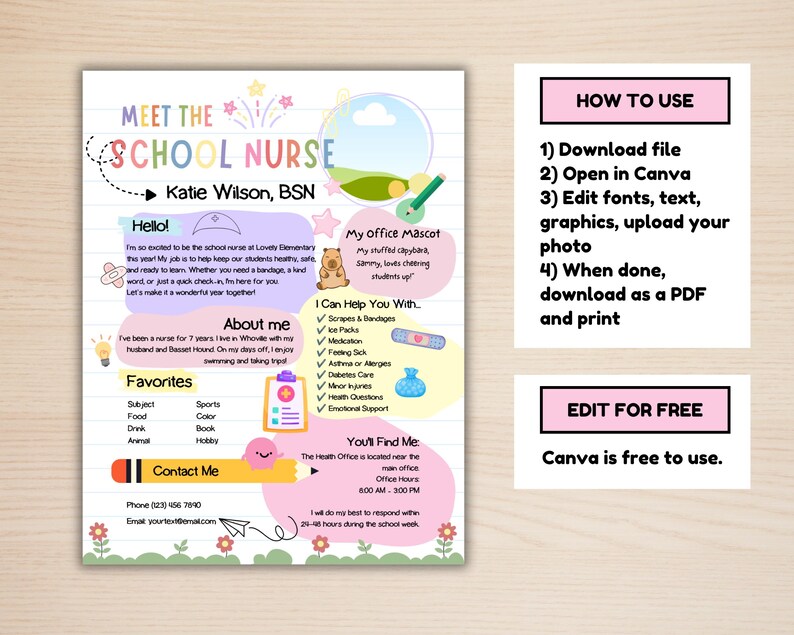 May include: A colorful Meet the School Nurse template featuring a lined paper background, pastel text boxes, and illustrations of a pencil, bandage, and clipboard. The document includes sections for contact info, favorites, and office details.