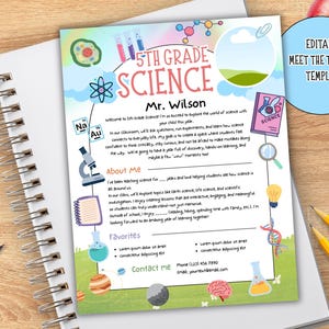 May include: A 5th Grade Science meet the teacher template featuring colorful science-themed illustrations including test tubes, a microscope, planets, and a brain. The document includes sections for About Me, Favorites, and Contact information with placeholder text.