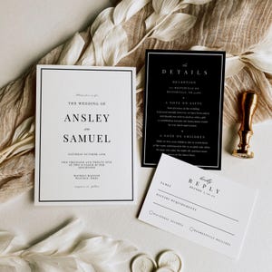 Minimal Classic Wedding Invite,  Black and white modern invitation template suite, DIY Bride, RSVP QR code, details card, Editable set -HC03