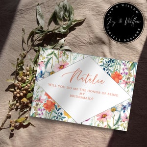 Will you be my bridesmaid card wildflower | floral wedding | Maid of Honor Invite | wildflower invitation for DIY bride |wildflower wreath