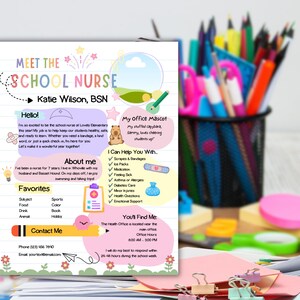 May include: A Meet the School Nurse flyer for Katie Wilson, BSN, featuring a lined paper background with colorful sections for an introduction, office mascot, personal facts, favorites, contact information, and a list of health services provided.