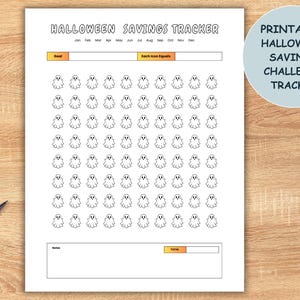 May include: A printable Halloween savings tracker on white paper. The tracker features a grid of ghost icons for tracking savings goals. The text "HALLOWEEN SAVINGS TRACKER" is at the top, with a circular graphic that says "PRINTABLE HALLOWEEN SAVINGS CHALLENGE TRACKER".
