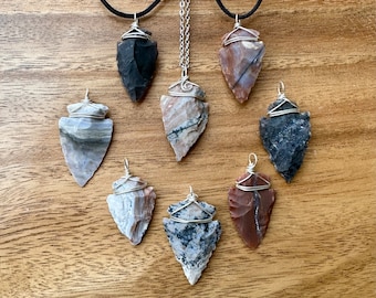 Flint Arrowhead adjustable necklaces, Silver plated wire wrapped arrowheads