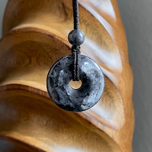 Larvikite, Norwegian Labradorite, 30mm donut pi stone pendant, adjustable necklace