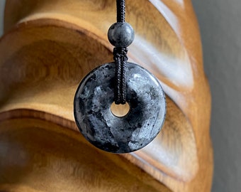 Larvikite, Norwegian Labradorite, 30mm donut pi stone pendant, adjustable necklace