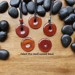 Carnelian 30mm donut pi stone pendant, Adjustable rope necklace