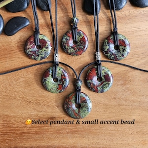 Dragon Blood 30mm donut pi stone pendant, adjustable necklace