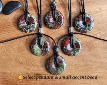 Dragon Blood 30mm donut pi stone pendant, adjustable necklace