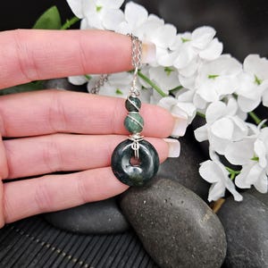 Small Moss Agate 20mm donut crystal pendant, Sterling Silver wire wrapped pendant, Adjustable necklace