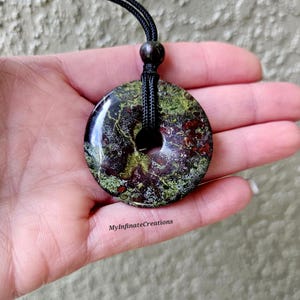 Large 40mm Dragon&#39;s Blood donut pi stone pendant necklace, Adjustable necklace