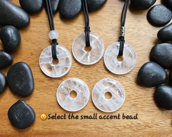 Snow Quartz 30mm donut pi stone pendant, Adjustable rope necklace