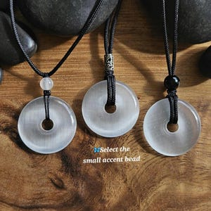 Selenite 30mm donut pi stone pendant necklace, Adjustable choker or long necklace