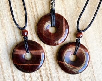 Red Tiger's Eye 30mm donut pi stone pendant, adjustable necklace