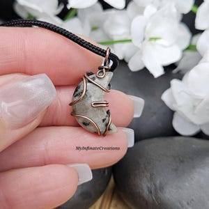 Kiwi Jasper, Small Moon pendant, Copper wire wrapped, Adjustable rope necklace