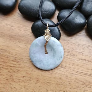 Jade Nephrite 30mm donut pi stone pendant, Gold-filled wire wrapped pendant,