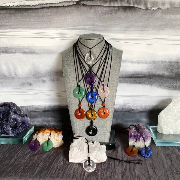 30mm Crystal Donut Pendant: Genuine Gemstone Pi Stone Necklace