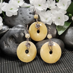 Yellow Jade, 30mm donut pi stone pendant, Copper wire wrapped pendant, Adjustable necklace
