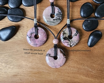Black Matrix Rhodonite 30mm donut pi stone crystal pendant, adjustable necklace