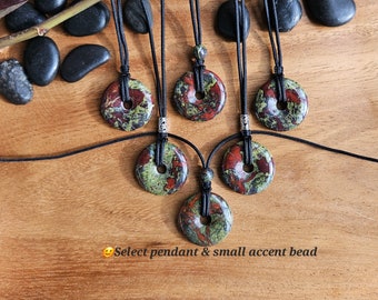 Dragon Blood 30mm donut pi stone pendant, adjustable necklace