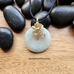 Jade Nephrite 30mm donut pi stone pendant, Gold-filled wire wrapped pendant,