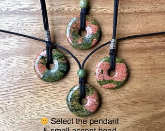 Unakite Donut Pendant Necklace: Adjustable Choker or Long Necklace