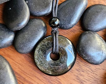 Golden Obsidian, 30mm donut pi stone pendant, adjustable necklace