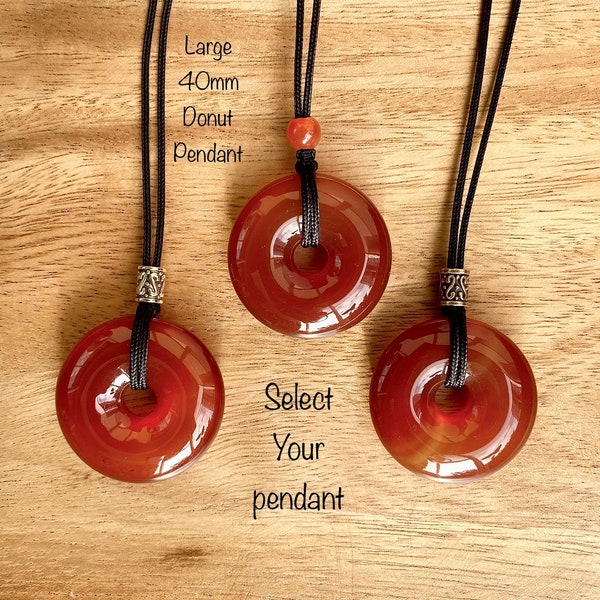 Large 40mm Carnelian donut pi stone pendant, Adjustable necklace