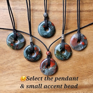 Bloodstone, African Bloodstone, 30mm donut pi crystal pendant  with an adjustable necklace, Adjustable choker necklace or long necklace