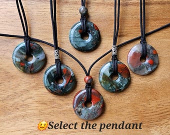 Bloodstone Donut Pendant Necklace: Adjustable Choker, Pi Stone Crystal
