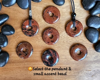 Mahogany Obsidian 30mm donut pi stone pendant, Adjustable rope necklace