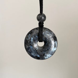 Larvikite, Norwegian Labradorite, 30mm donut pi stone pendant, adjustable necklace