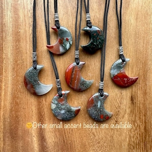 Bloodstone Crescent Moon Adjustable necklace, 30mm Bloodstone