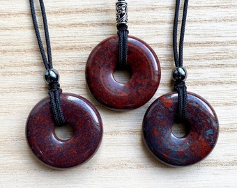 Red Jasper Hematite 30mm donut pi stone pendant with adjustable necklace