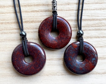 Red Jasper Hematite 30mm donut pi stone pendant with adjustable necklace