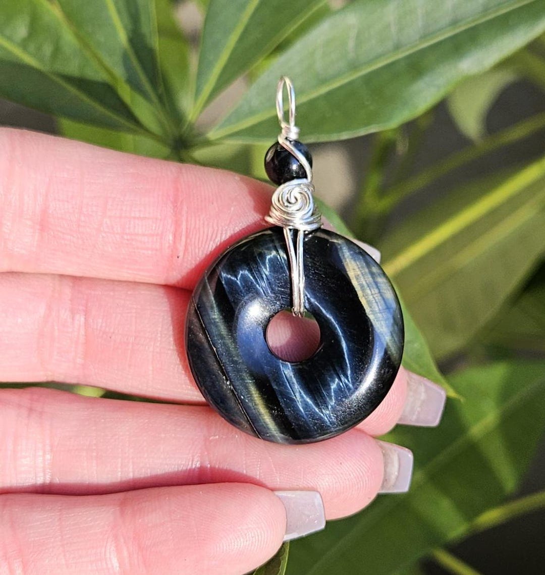 Blue Tiger Eye Donut Pendant Sterling Silver Wire Wrapped Pi
