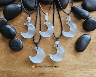 Selenite Moon pendant necklace, Adjustable choker, or long necklace