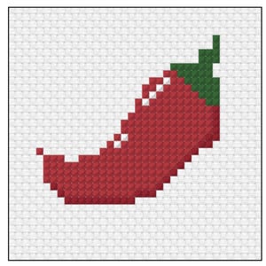 May include: A cross-stitch pattern featuring a red chili pepper with a green stem on a white fabric background. The design is composed of individual square stitches, creating a pixelated appearance with white highlights along the curved edge.