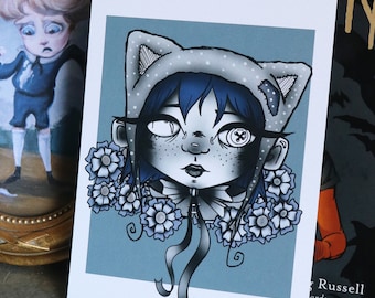 Coraline Button Eyes Art Print// Floral Blue Coraline Stars Print Halloween
