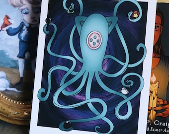 Coraline Squid Button Eyes Art Print// Squid plush octopus coraline print ghost eyes