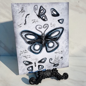 May include: A black and white drawing of a butterfly with blue accents. The drawing is labeled with the words "leg", "Emily", and "head detail".