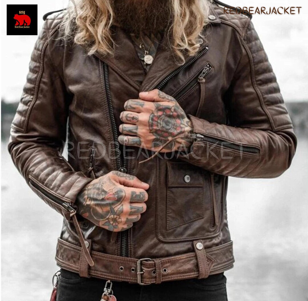 Mens Motorcycle Brown Leather Jacket With 100% Original - Etsy