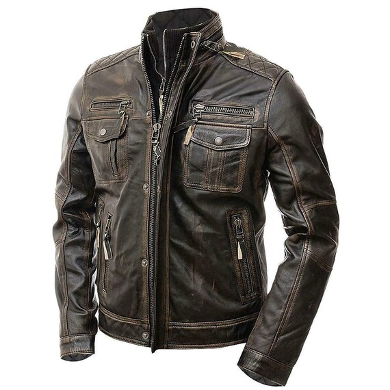 Leather Jacket Men Biker Vintage Cafe Retro Distressed Style - Etsy