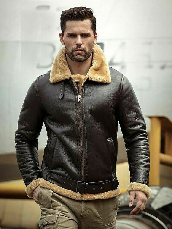 Men Designer Fur Shearling Sheepskin Black Coat