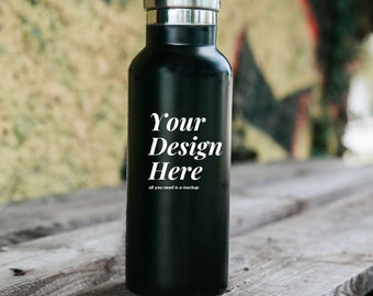 Reusable Black Water Bottle Mockup , Bamboo Cap Drink Bottle, Mock up Stock Photo, Refillable Water Bottle JPG Digital Download, ecommerce