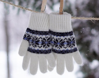 Natural Sheep Wool Gloves, Children (Girl/Boy), Snowflake, Handmade, Eco-Friendly, Very Warm and Soft, Winter/Autumn/Spring, Ideal for gift