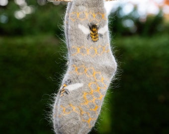 Goat down socks, Bee, 100% Handmade, Eco-friendly and very warm product, Super Soft fabric, Perfect for winter, Hypoallergenic, Ideal gift