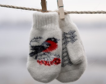 Natural sheep wool mittens, Child, Bird, Handmade, Eco-friendly and very warm products, super soft