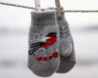 Natural sheep wool mittens, Child, Bird, Handmade, Eco-friendly and very warm products, super soft