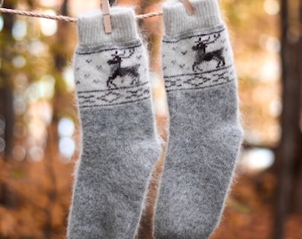 Goat down socks, Deer, 100% Handmade, Eco-friendly and very warm product, Super Soft fabric, Perfect for winter, Hypoallergenic, Ideal gift